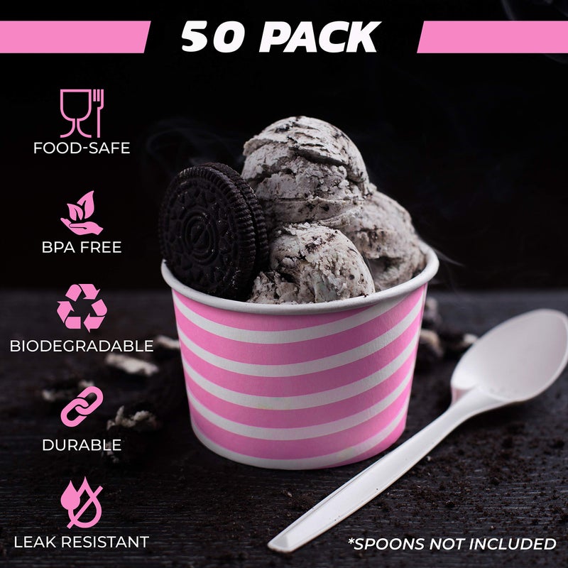 TYPTOP-EXTRA DURABLE Fun Pink Stripe Design Ice Cream Bar Essential, 8 oz. Ice Cream Cups/Bowl - Perfect Snack Cups for Kids Birthday & Holiday Parties, Disposable for Easy Clean-up! - Image 4